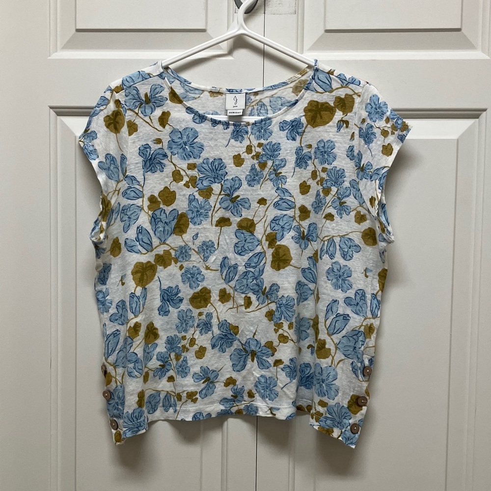 Joie linen top, cap sleeves, floral print, white & blue, 1X